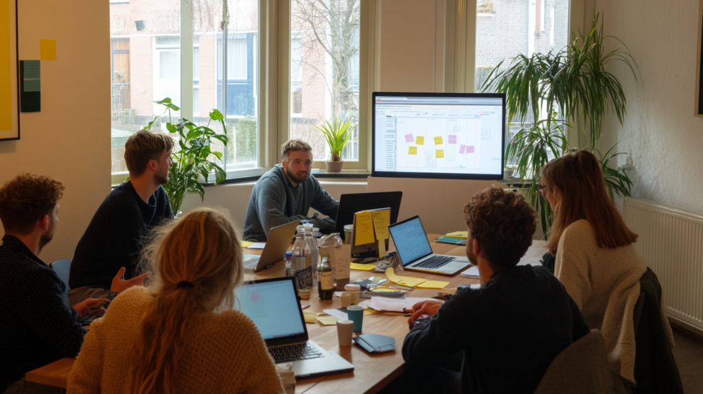 Scrum team rond tafel maakt gebruik van tooling
