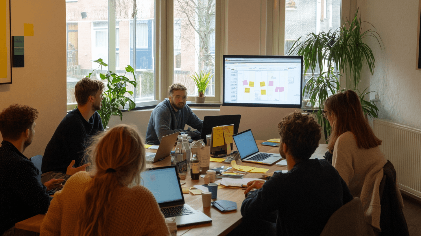 Scrum team rond tafel maakt gebruik van tooling